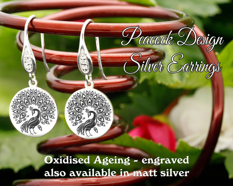 Peacock design sterling silver earrings - engraved oxidised