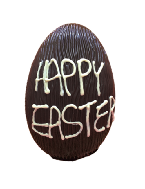 "Happy Easter" hollow dark chocolate egg 215mm high $35.00 "Happy Easter" hollow dark chocolate egg 215mm high $35.00