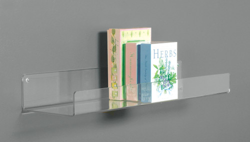 Clear acrylic flat bottomed shelf for wall mounting.