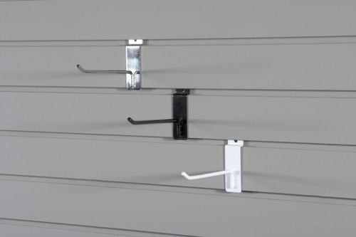 These strong powder coated steel hooks will turn slatwall into a powerhouse. Hooks fit 1/4" perforations and angled tip makes them safe and secure.