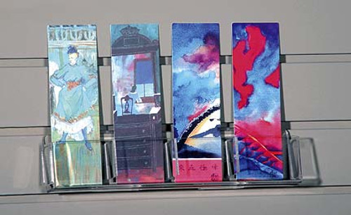 Clear acrylic 4-pocket shelf for slatwall: use for bookmarks, tags, and other small items