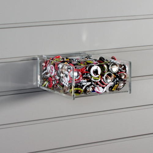 Clear acrylic slatwall bins for various items, sized for spinners or slatwalls.