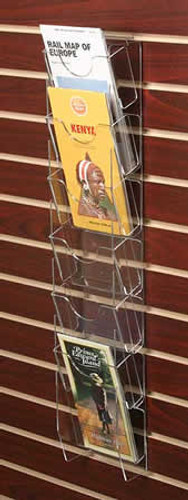 Clear acrylic slatwall ladder makes displaying maps, brochures, and other printed material easy and attractive.