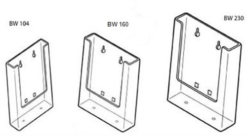 Clear acrylic wall mounted brochure holders in three sizes.