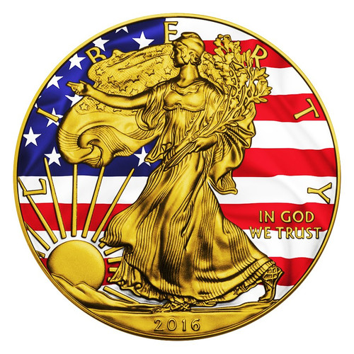 PATRIOTIC LIBERTY FLAG - 2016 1 oz American Silver Eagle Coin - Color and 24K Gold on Obverse and Reverse PATRIOTIC LIBERTY FLAG - 2016 1 oz American Silver Eagle Coin - Color and 24K Gold on Obverse and Reverse
