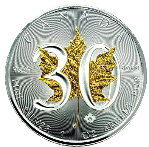 30th Ann. Canadian Silver Maple - 24K gold Gilded Leaf - 1 OZ SILVER COIN 2018 30th Ann. Canadian Silver Maple - 24K gold Gilded Leaf - 1 OZ SILVER COIN 2018
