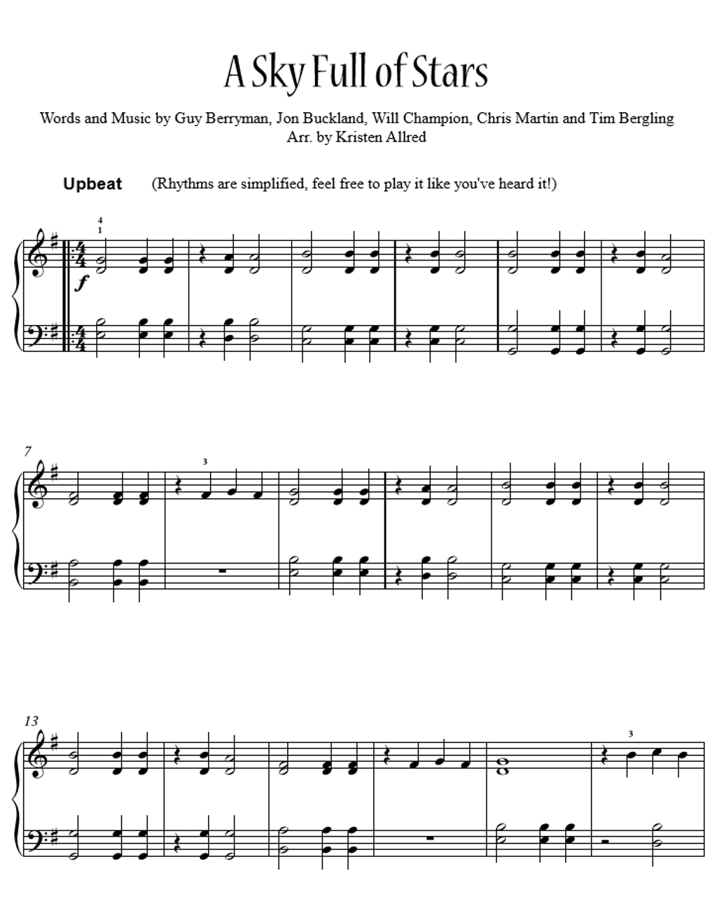A Sky Full Of Stars by Coldplay - Easy Piano Sheet Music Download1024 x 1280
