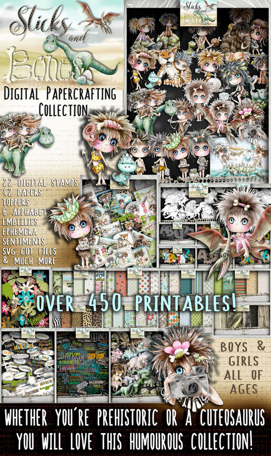 Sticks & Bones Digital Papercrafting Collection - over 450 Printables suitable for boys and girls of any age. You need a sense of humour to use this collection - perfect for Cuteosaurus age or Prehistoric family! Sticks & Bones Digital Papercrafting Collection - over 450 Printables suitable for boys and girls of any age. You need a sense of humour to use this collection - perfect for Cuteosaurus age or Prehistoric family!