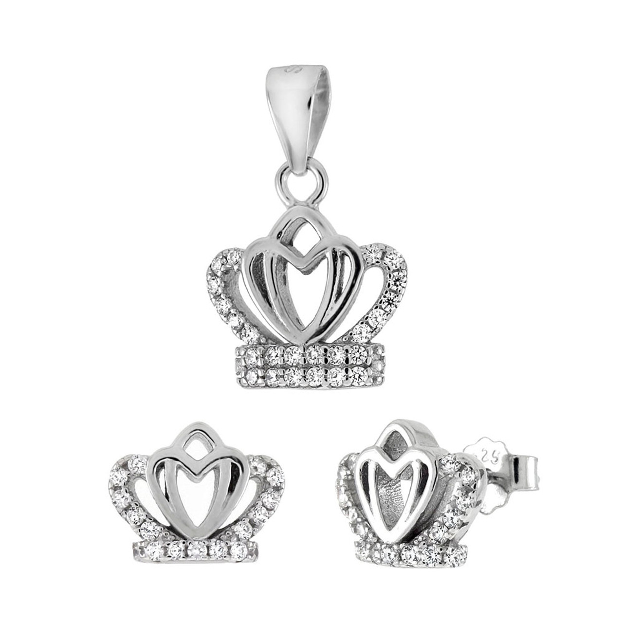 Sterling Silver Cz Crown Earrings Amp Pendant Set Sterling Silver Cz Crown Earrings Pendant Set