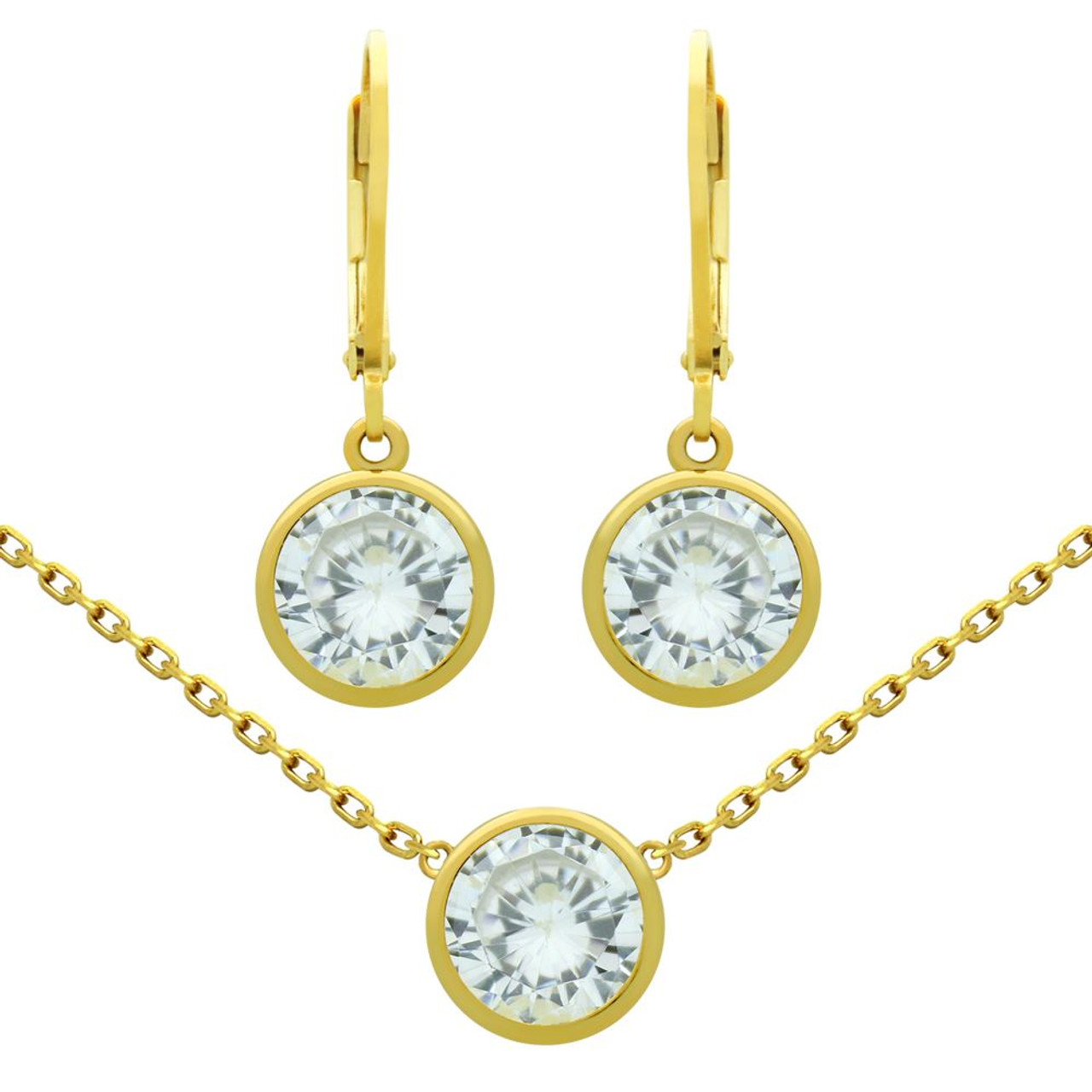 Gold Plated Set 7 5mm Round Bezel Cz Earrings And 16 2 Necklace