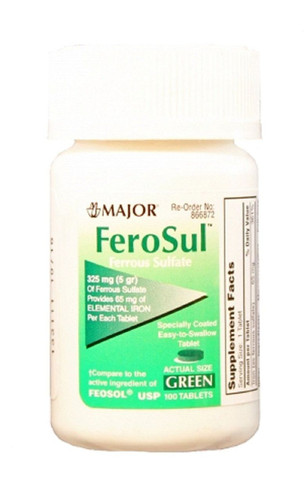 FeroSul 325mg (5GR) Ferrous Sulfate Coated Easy-To-Swallow 100 ct.