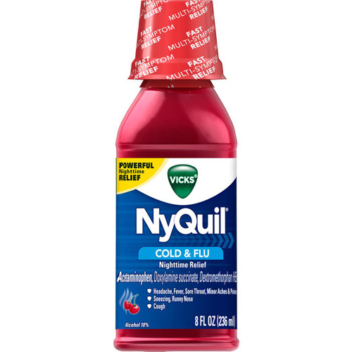 Vicks NyQuil Cold and Flu Nighttime Relief Cherry Flavor Liquid, 8 Ounce