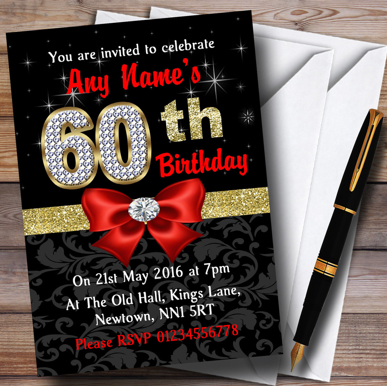 red black gold diamond 60th birthday party personalised red black and white birthday invitations