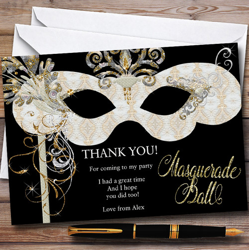 White Gold Masquerade Ball Personalised Party Thank You Cards White Gold Masquerade Ball Personalised Party Thank You Cards
