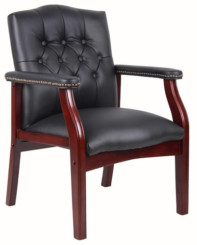 BOSS TRAD. BLACK CARESSOFT GUEST CHAIR WITH MAHOGANY FINISH