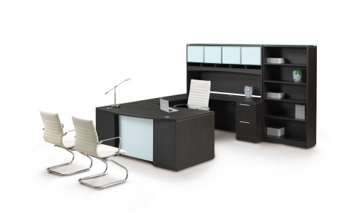 Potenza U-Shaped Desk with Glass modesty and bookcase