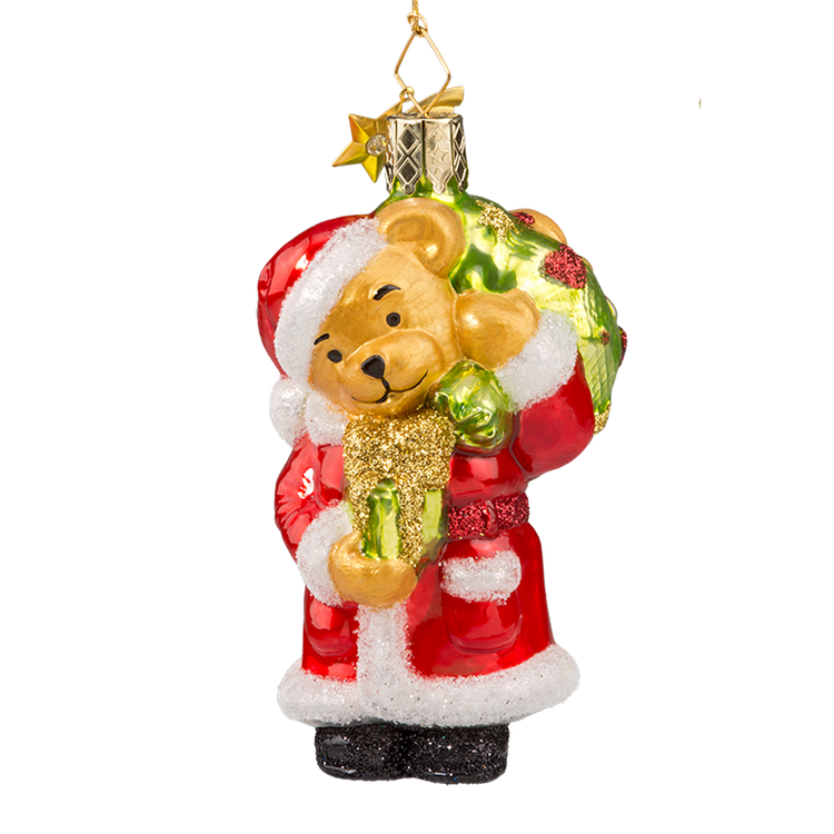 Teddy Bear Santa with Gifts Glass Ornament