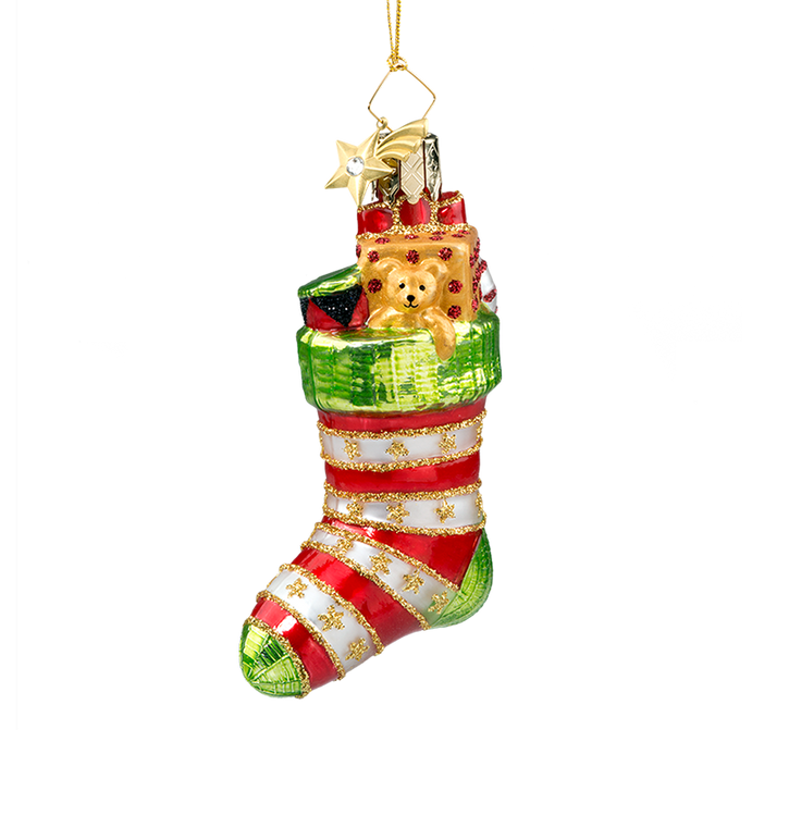 Red Striped Christmas Stocking Glass Ornament