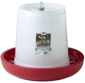 Made of durable plastic. A specially designed base prevents chickens from scratching out feed. Has an open top to allow for quick filling of feed. Made of durable plastic. A specially designed base prevents chickens from scratching out feed. Has an open top to allow for quick filling of feed.