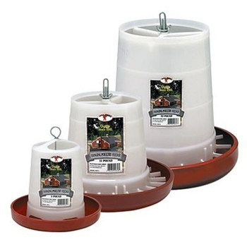 Made of durable plastic. A specially designed base prevents chickens from scratching out feed. Has an open top to allow for quick filling of feed. Made of durable plastic. A specially designed base prevents chickens from scratching out feed. Has an open top to allow for quick filling of feed.