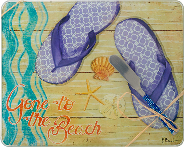 Glass Cheese Board Gone to Beach w/ Spreader