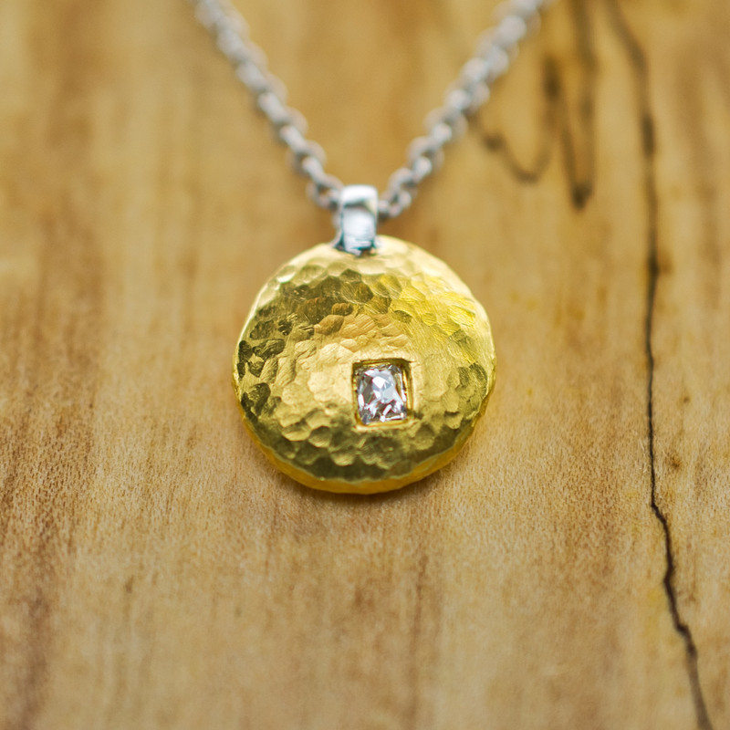 Custom 24kt Hammer Forged Pendant with Platinum Bail and .14 ct Rectangular Old Mine Cut Diamond