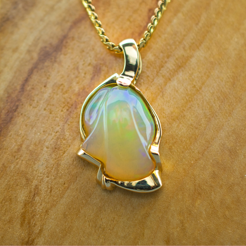 14k Yellow Gold Free-form Pendant with Large Custom Cut Ethiopian Opal -SOLD-