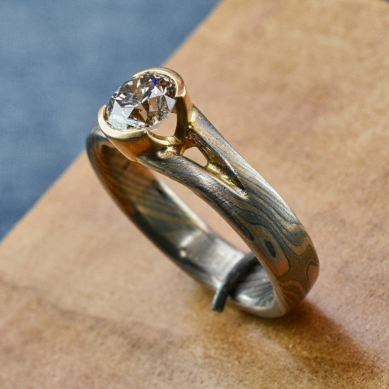 Custom Mokume Band and Head with .735 ct Natural Light Pink/Brown Diamond
