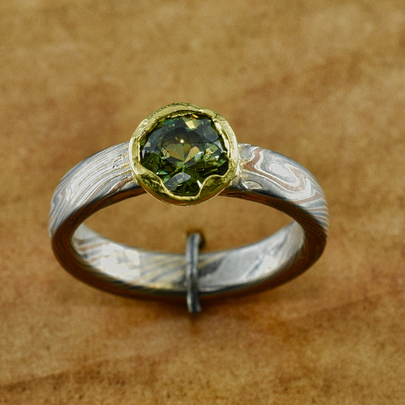 Custom Mokume Band and Head with 1.30 ct Demantoid Garnet