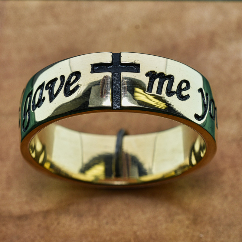 14k Yellow Gold Mens Antiqued Band, Deeply Embossed with "God gave me you" and Cross