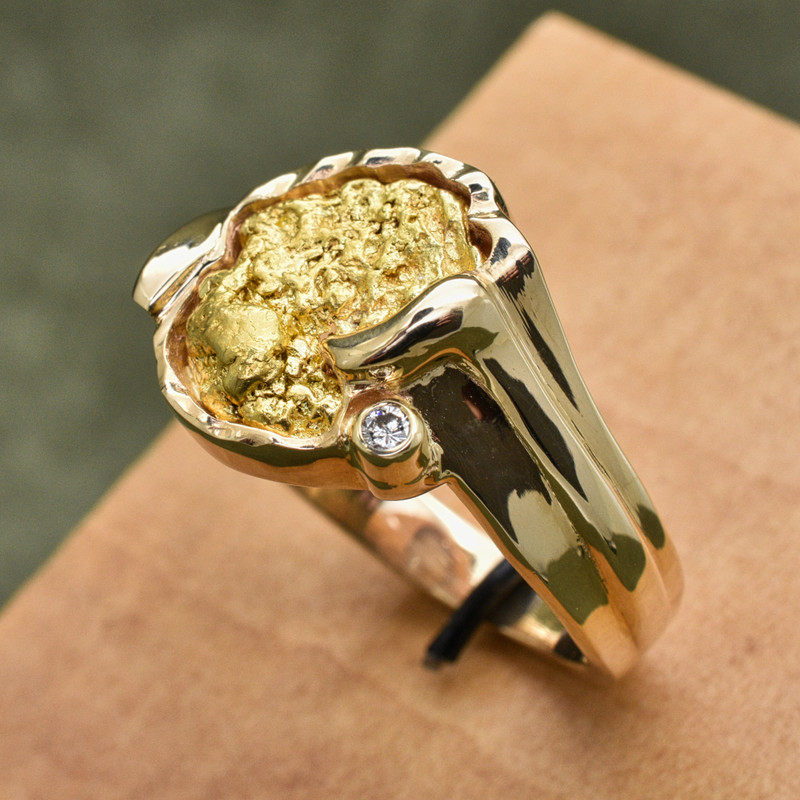 14K Yellow Large Freeform Bezel Ring with Natural Nugget and .05 CT Diamond