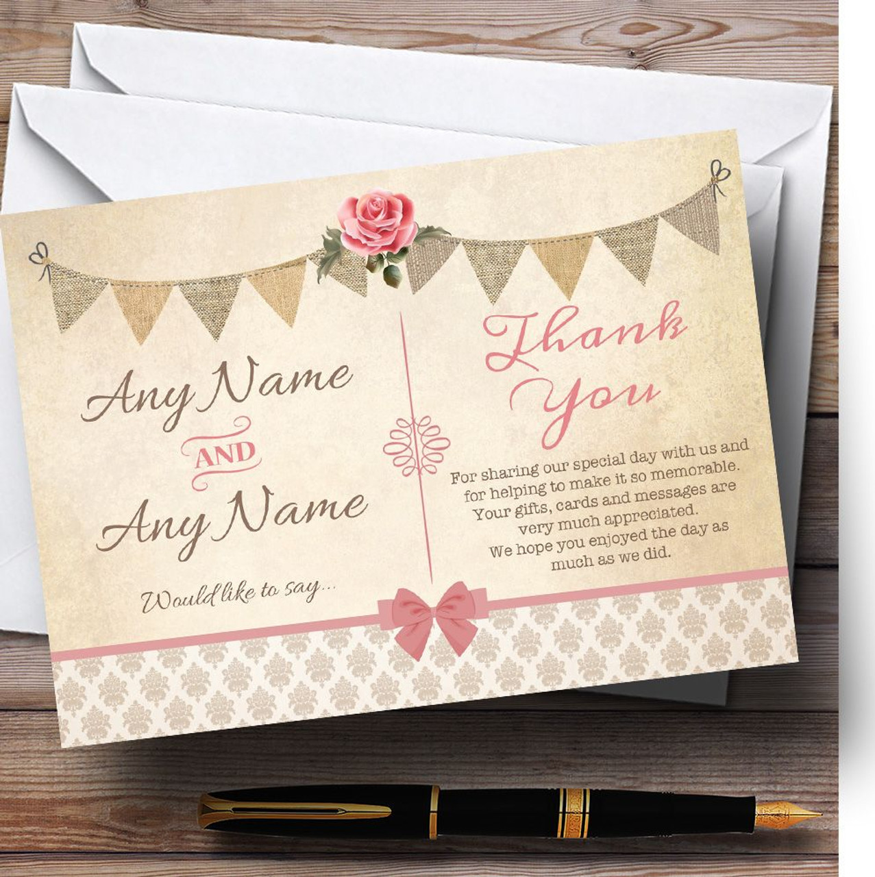 Vintage Rustic Style Bunting Pink Rose Personalized Wedding Thank You Cards Vintage Rustic Style Bunting Pink Rose Personalized Wedding Thank You Cards