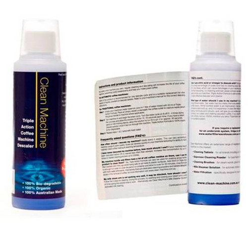 Routine Descaling & Cleaning is important for any machine. Clean Machine Triple Action Formula lifts, dissolves & removes dirt & scale build up in your coffee machine. Suitable for all brands including Jura, Saeco, DeLonghi, Miele, Krups, Sunbeam, Breville, Gaggia, KitchenAid, Franke & others
Useage: Use 50 ml of Triple Action Formula to descale your machine.50 ml is a suitable replacement amount for all brands of machines. If you descale irregularly or you have obvious scale problems, use 100 ml or repeat the descale process 2 times.
Signs of Scale Low water temperature, poor steam performance, poor water flow, machine slow to come to operation temperature.