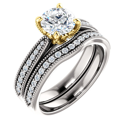 1 Carat Round Cubic Zirconia Bridal Set in Two-Tone Solid 14 Karat White and Yellow Gold Setting