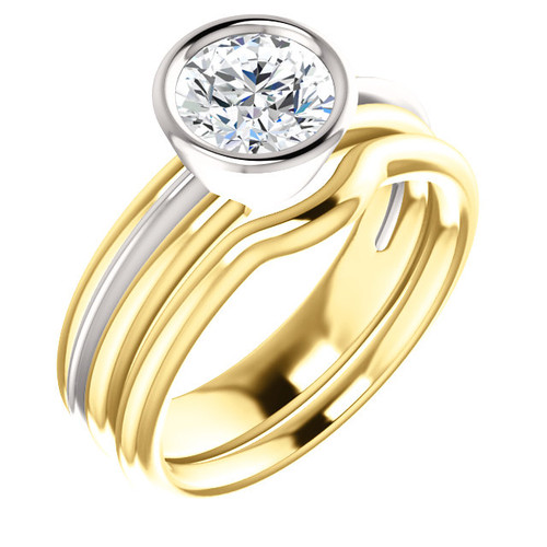 Hand Cut & Polished 1 Carat Round Cubic Zirconia Bezel Set Wedding Set in Solid 14 Karat Yellow & White Gold
