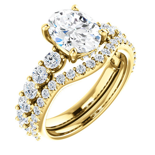Hand Cut & Polished 2 Carat Oval Cubic Zirconia Engagement Ring & Matching Band in Solid 14 Karat Yellow Gold