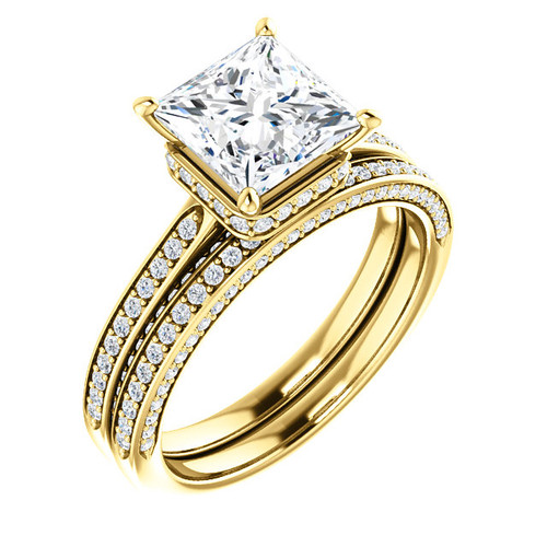 Stunning 2 Carat Princess Cut Cubic Zirconia Hidden Halo Wedding Set in Solid 14 Karat Yellow Gold