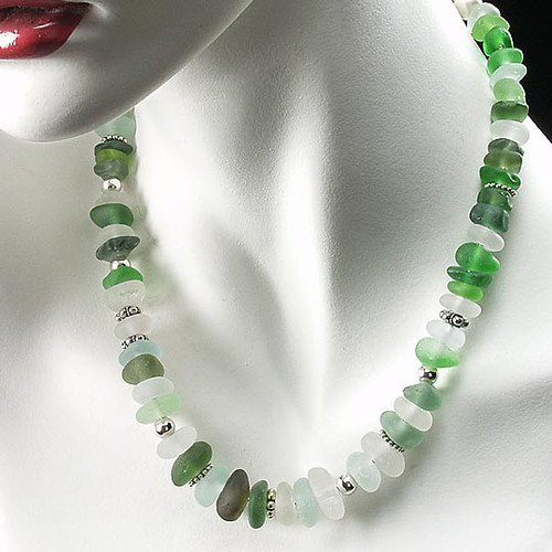 Sterling Silver Snake Chain with Blue, Aqua & Green Beach Glass Beads