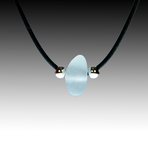 Grey sea glass on black rubber, 16" necklace.