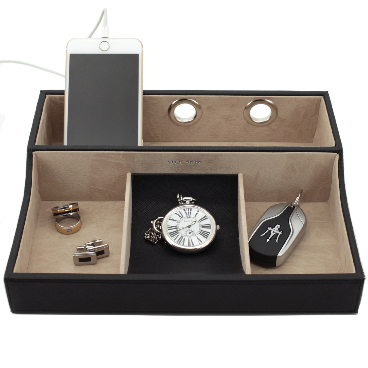 Mens Luxury Dresser Top Valet Black Leather Charging Station Leather Valet And Charging Station Mens Dresser Top Organizers Techswiss Tsvl735blk Main