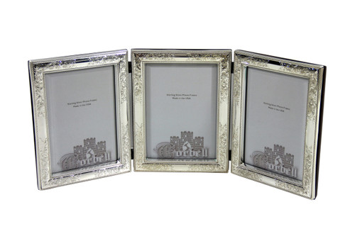 Triple Heavy Quality Sterling engraved Frame with wood back & beveled glass.The hinges are sturdy hold each frame together.