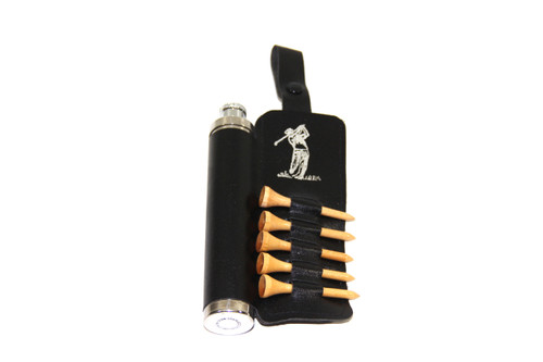 Black Leather Golf Flask with Wooden Tees