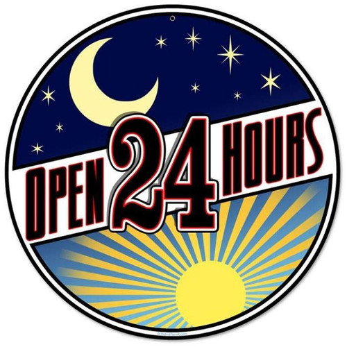 Vintage-Retro Open 24 Hours Round Metal-Tin Sign