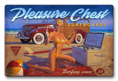 Pleasure Chest Pinup Metal Sign 36 x 24 Inches