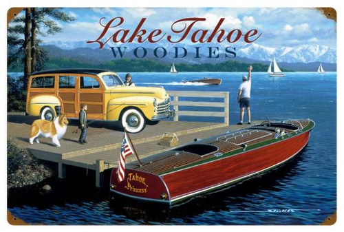 Retro Lake Tahoe Woodies 24 x 16 Inches Tin Sign