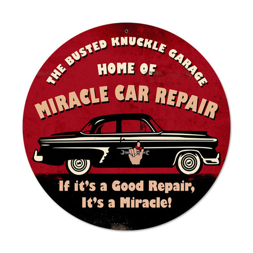 Retro Miracle Car Repair Round Metal Sign 14 x 14 Inches