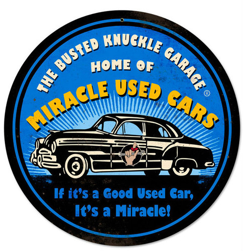 Retro Miracle Used Cars Round Metal Sign 14 x 14 Inches