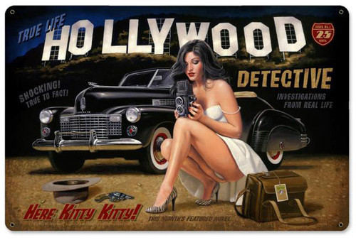 Here Kitty Kitty Hollywood Pinup Girl Vintage Metal Sign 18 x 12 Inches