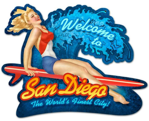 Vintage-Retro San Diego Surf Girl Custom Shape Metal-Tin Sign