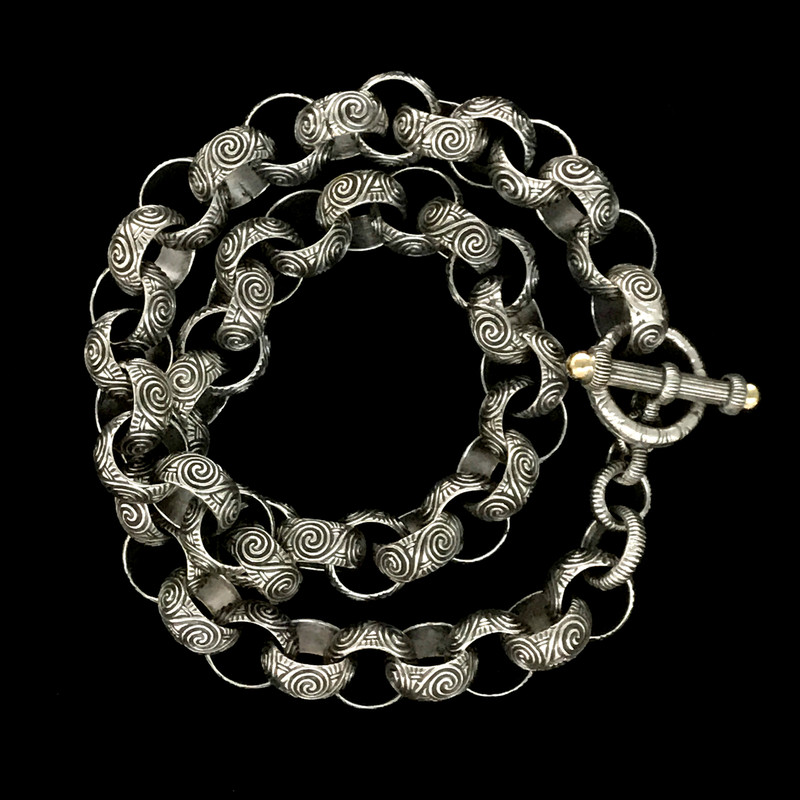 Celtic Scroll Necklace custom handmade and engraved in Sterling Silver and 18 k Gold by Bowman Originals, Sarasota, 941-302-9594